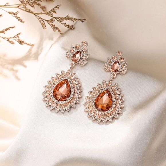 Rose Gold with Champagne Topaz Crystal Art Deco Chandelier Dangling Earrings - Picture 2 of 4